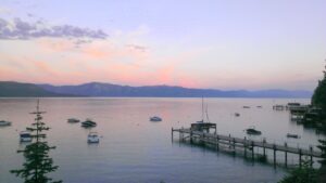 View of north Lake Tahoe at sunset, from near the house ElectNext is renting