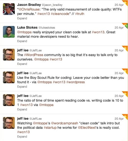 Tweets about the "Clean Code" presentation at WordCamp Nashville 2013